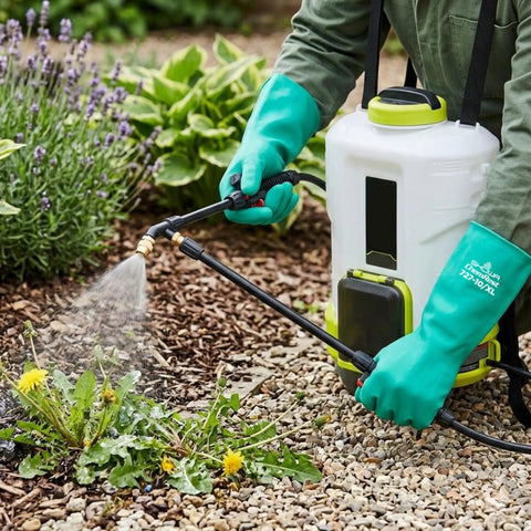 Person wearing green heavy duty nitrile glove set, 15 mil chemical-resistant, 13 inch gauntlet with bisque grip, spraying garden