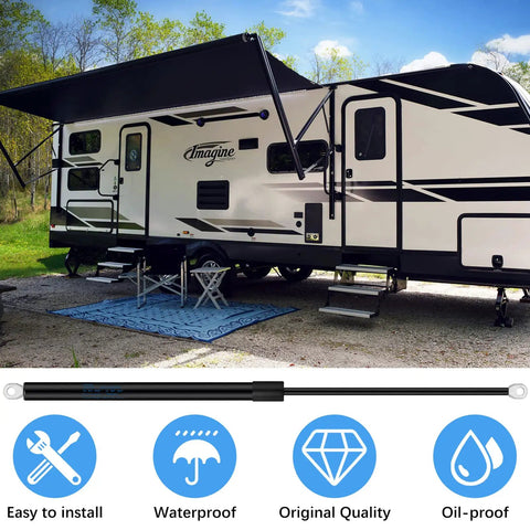Heavy Duty RV Awning Gas Struts For Power Awnings With 69 To 78 Inch Arm shown on travel trailer setup