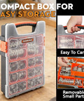 Beefed-Up 304 Stainless Steel Hose Clamps Kit With 175 Pieces in storage case, showing easy carrying with handle.