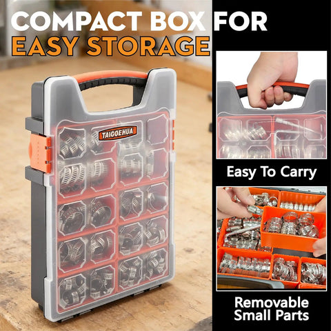 Beefed-Up 304 Stainless Steel Hose Clamps Kit With 175 Pieces in storage case, showing easy carrying with handle.