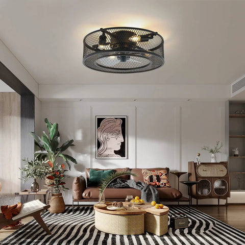 Caged Ceiling Fan With Lights 18 Inch Low Profile Flush Mount With Remote Control Slick Industrial Style for living room