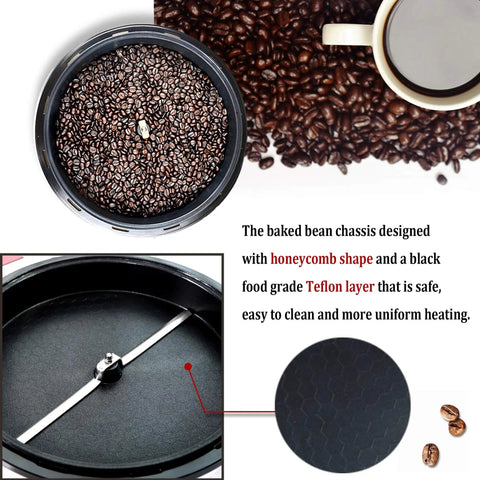Electric Coffee Bean Roaster For Home Use With 110V 800W, Nonstick Chassis, Stirring Rod For Even Roasting, Stovetop And Countertop Coffee Roaster, Pro Grade Thermostat For Consistent Roasts showcasing honeycomb nonstick design and teflon layer.