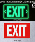 Glow In The Dark Photoluminescent Signs Decals 3 Pack 12x7 Inch Stickers With White Letters On Red Background, Durable Vinyl, Long Lasting Visibility Up To 8 Hours For Home, Office, School, Or Commercial Safety showing glowing and non-glowing exit signs