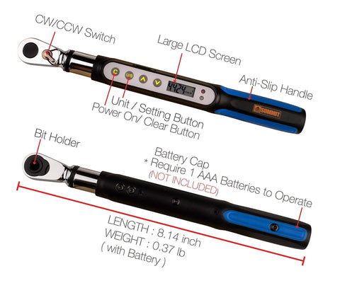 Bit-Head Digital Torque Wrench With 1/4 Inch Drive Adaptor showing LCD, buttons, anti-slip handle, and 8.14-inch length.
