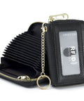 RFID Blocking Leather Card Holder With Detachable Keychain Slim Wallet For Men And Women Everyday Carry Genuine Leather Pro Black External ID Window Keeps Cards Safe And Organized showing open view with card slots and ID window