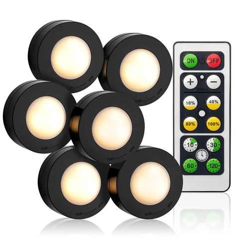 Under Cabinet Lighting Kit With 6 Wireless Remote Dimmable LED Puck Lights In Black Easy Install Auto Off Timer 3000K Warm White