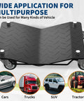 Heavy Duty Wheel Dolly Set of 4 for Garages and Shops Black 7000 Lb Capacity Each Reinforced Steel Base Smooth Glide for Easy Vehicle Moving Durable Stable Car Dollies for DIY Mechanics and Pro Garages, shown with cars, trucks, SUV and tractors