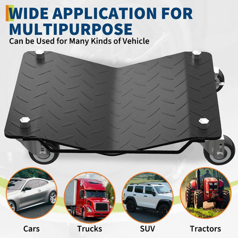 Heavy Duty Wheel Dolly Set of 4 for Garages and Shops Black 7000 Lb Capacity Each Reinforced Steel Base Smooth Glide for Easy Vehicle Moving Durable Stable Car Dollies for DIY Mechanics and Pro Garages, shown with cars, trucks, SUV and tractors
