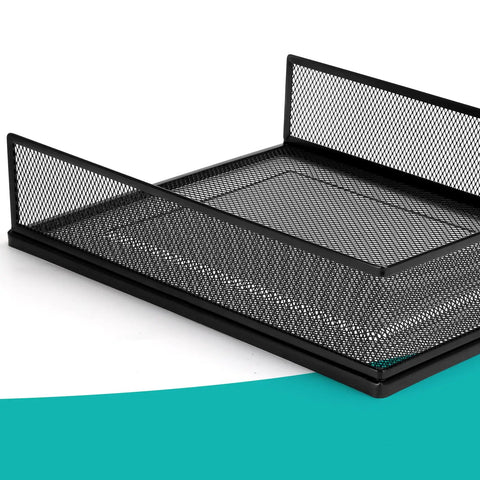 Black wire mesh letter tray from two-pack desk file organizer for office supplies, front load document trays, stackable metal desk organizer