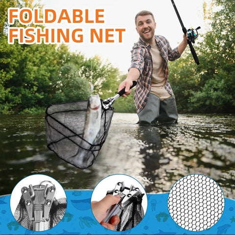 Man using Two Piece Telescopic Fishing Rod And Reel Combo With Preloaded Spinning Reels, holding foldable net with fish in river.