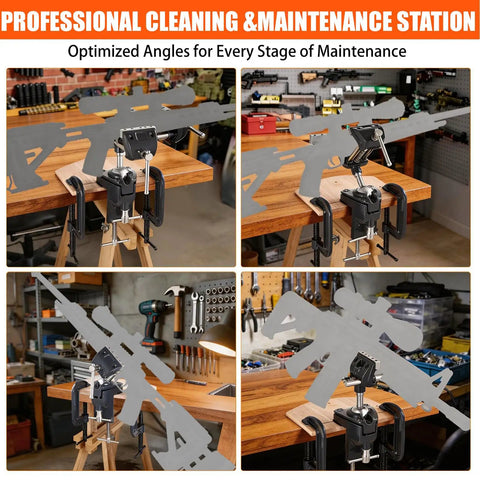 Professional cleaning and maintenance station with Heavy Duty 360 Degree Swivel Bench Gun Vise and dual clamps for rifles.