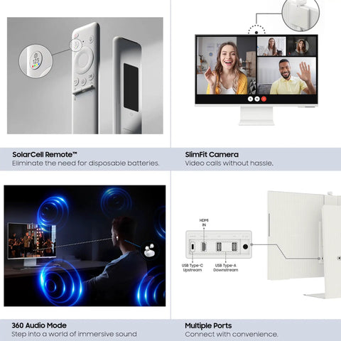 Collage of features showcasing 32 Inch M80D Series 4K UHD Smart Monitor With Streaming TV Built In Speakers HDR10 Plus AI Upscaling USB C Ergonomic Stand SlimFit Camera And Gaming Hub For Immersive Home Entertainment Dope Setup