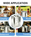Ten Point Five Gallon Stainless Steel Water Jug For Camping And Overlanding With Point Eight Millimeter Wall Thickness shown in various uses.