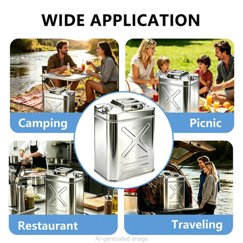 Ten Point Five Gallon Stainless Steel Water Jug For Camping And Overlanding With Point Eight Millimeter Wall Thickness shown in various uses.