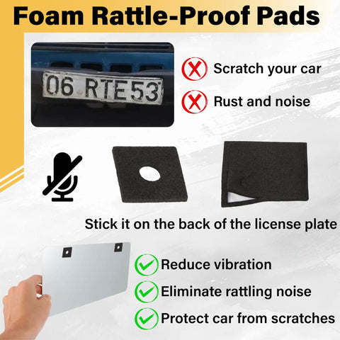 Foam Rattle-Proof Pads for license plates, reducing vibration and eliminating noise, protecting car from scratches.