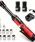 Cordless Electric Ratchet Wrench Set 3/8 Inch, 12V Extended Power Kit shown with batteries, charger, and sockets