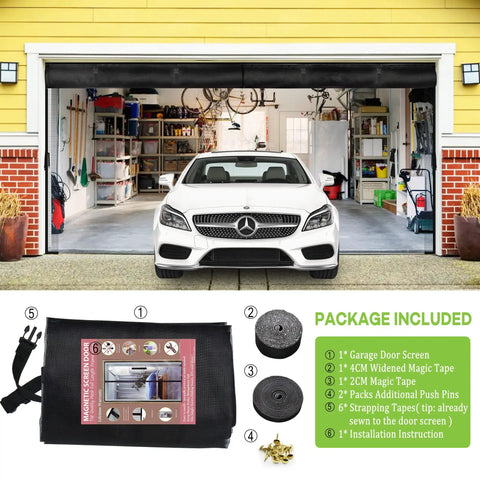 Magnetic Heavy Duty Fiberglass Garage Door Screen For Two Car Garage 16x7 Ft with installation package and car in garage
