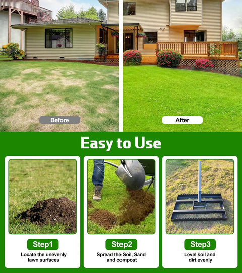 Before and after lawn leveling using Tough As Nails Heavy Duty Lawn Leveling Rake With 74 Inch Adjustable Handle Reinforced Welds And Reversible Plate
