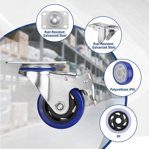 Heavy Duty 3 Inch Swivel Caster Wheels Set Of 4 showing rust-resistant galvanized steel and polyurethane materials for smooth rolls.