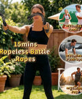 Woman using Cordless Battle Rope For Home Gym Grab And Go Training in backyard setting.