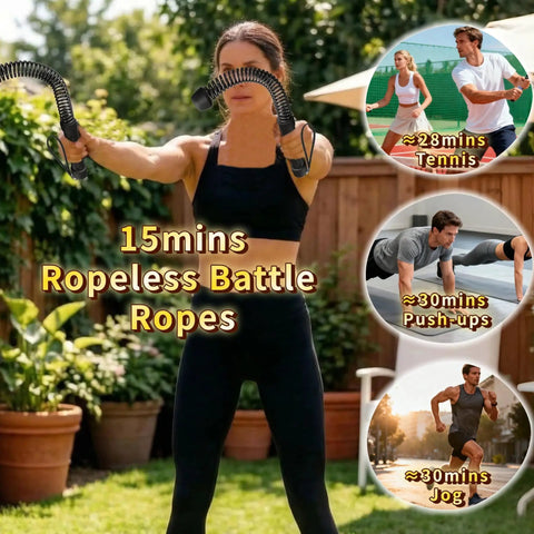 Woman using Cordless Battle Rope For Home Gym Grab And Go Training in backyard setting.