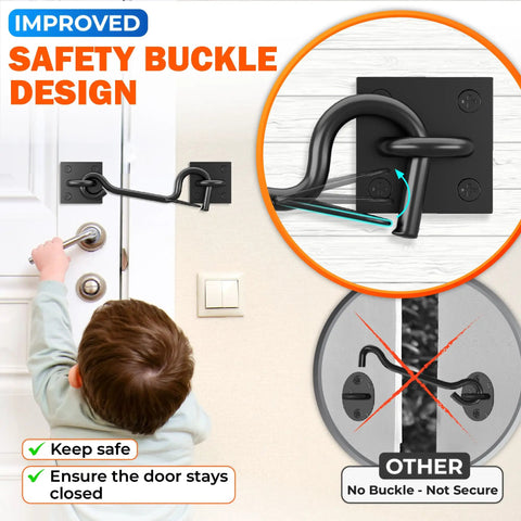 Heavy Duty Self Locking Cabin Hook And Eye Latch For Privacy Barn Doors installed on a door with improved safety buckle design.