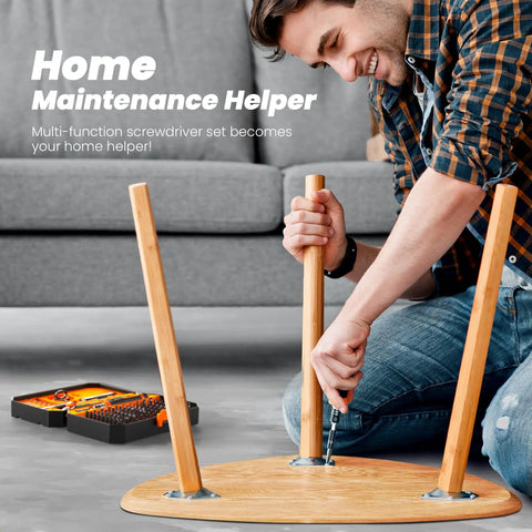 Man assembling table with 115 In 1 Precision Screwdriver Set With 103 Magnetic Bits For iPhone MacBook PC Laptop Console And Electronics nearby.