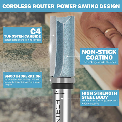 Amazon KEENTECH flush-trim router bit with 1/4" shank; carbide-tipped, 1/2" dia, 1" depth, blue non-stick coating.
