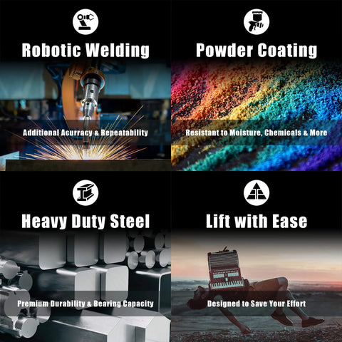 Collage of industrial processes: robotic welding, powder coating, heavy duty steel, and easy lifting equipment images.