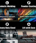 Robotic welding, powder coating, heavy duty steel, ease of lifting process visualized in product features.