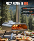 16 Inch Multi-Fuel Outdoor Pizza Oven For Wood Fired Or Gas Cooking Reaches 1112 Fahrenheit, Stainless Steel Portable Pizza Cooker For Parties, 2-In-1 System With Burners Sold Separately, showing pizza cooking outdoors.