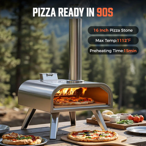 16 Inch Multi-Fuel Outdoor Pizza Oven For Wood Fired Or Gas Cooking Reaches 1112 Fahrenheit, Stainless Steel Portable Pizza Cooker For Parties, 2-In-1 System With Burners Sold Separately, showing pizza cooking outdoors.