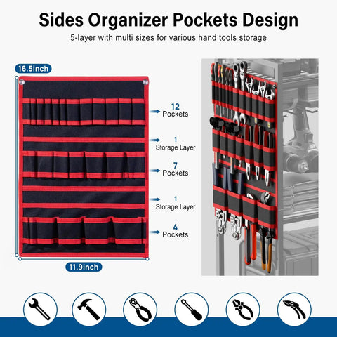Side view of Power Tool Organizer Cart for Garage With 8 Outlet 3 USB Charging Station showing side pockets for tools
