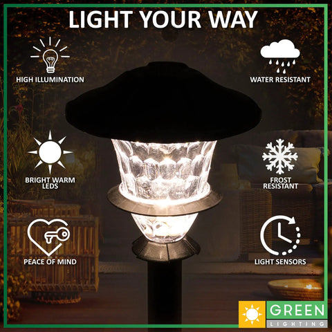 Low Voltage Landscape Lights Six Pack With Stakes And Quick Connectors LED Outdoor Pathway Lights For Yard Garden Walkways Waterproof Metal Black Lit Glow showing light features
