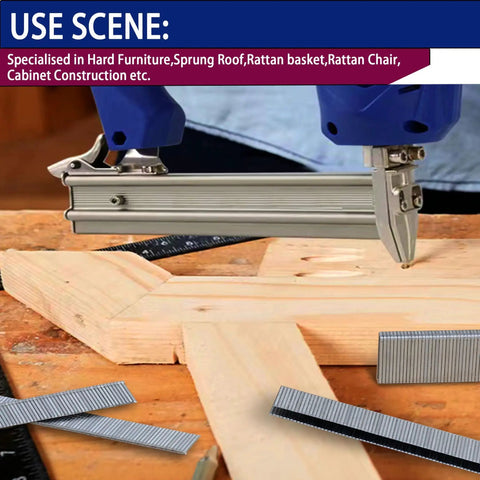 Pro Level 18 Gauge Narrow Crown Staples And Brad Nails Assortment Kit 4200 Pieces used in woodworking with a nail gun on wooden planks.