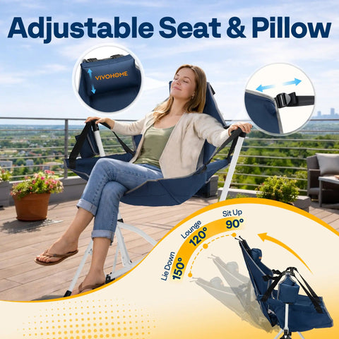 Woman relaxing in Grab And Go Portable Hammock Camping Chair With Adjustable Pillow And Back Height on patio