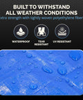 Blue Waterproof Tarp 20x30 5 Mil Heavy Duty Poly Tarpaulin with water droplets, highlighting waterproof and UV resistant features