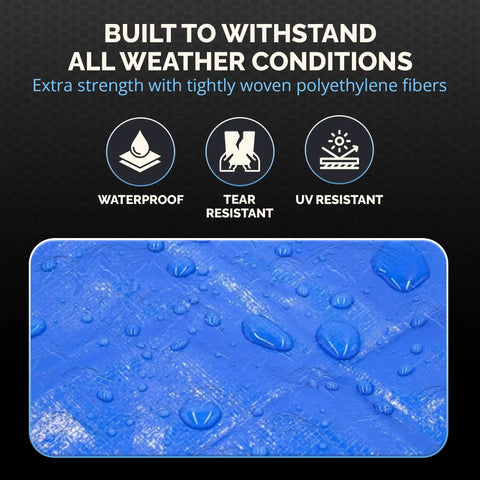 Heavy Duty 16x20 Blue Waterproof Tarp With 5 Mil Thickness showcasing waterproof and tear-resistant features for all-weather use