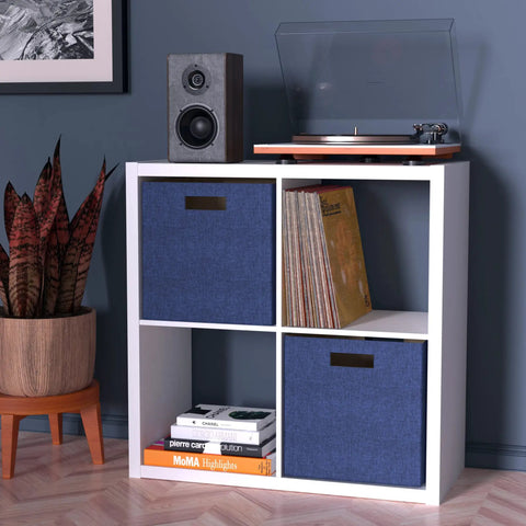 Open Back Four-Cube Storage Organizer In White, holds speaker, turntable, records, fits 13-inch bins, sturdy cube shelving unit.