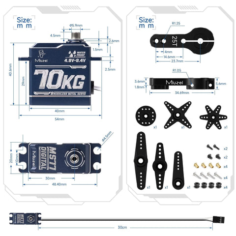 Specifications and components of Beefy Brushless High Torque RC Servo Motor With Digital Stainless Steel Gears Waterproof 8.4V.