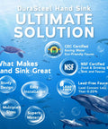 DuraSteel hand sink features infographic showing eco-friendly and NSF certifications with marine life background.