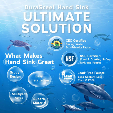 DuraSteel hand sink features infographic showing eco-friendly and NSF certifications with marine life background.