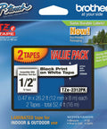 Two Pack Half Inch By Twenty Six Feet Laminated Label Tape Black On White packaging showcasing adhesive label design and size details.