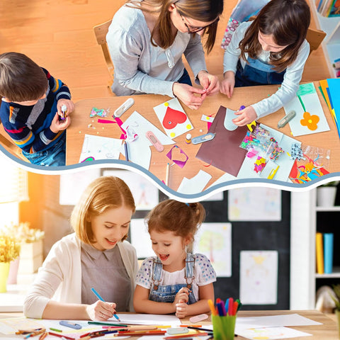 Four PSC retractable box cutters on a wooden craft table among kids' art supplies