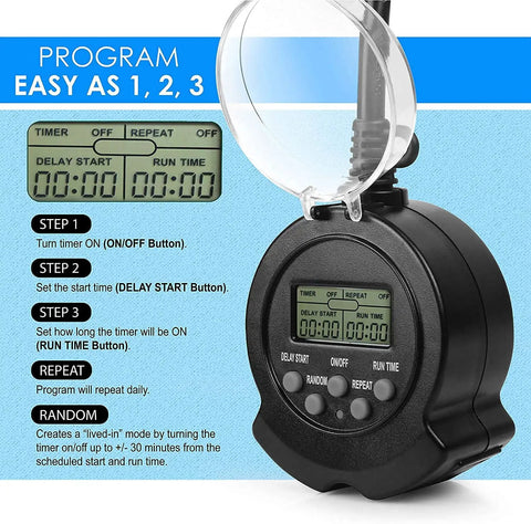 No Sweat Two Outlet Outdoor And One Outlet Indoor Digital Timer Combo Pack display showing programming steps and buttons for easy use.