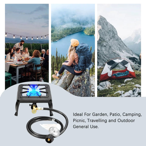 Single Burner Cast Iron Camping Stove With Adjustable Flame Portable Backpacking Friendly Outdoor Cooking Stove in scenic outdoor setting