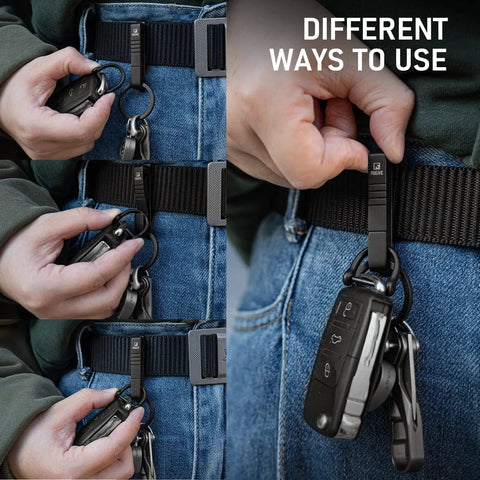 Different ways to use the Titanium Belt Clip Key Holder With Carabiner And D Ring For Men on a belt.