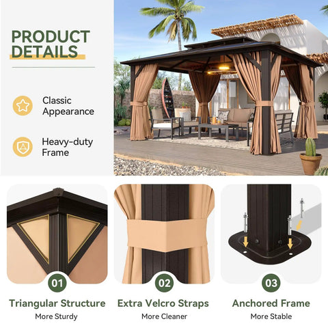 12x10 Foot Hardtop Gazebo With Aluminum Frame Go To Outdoor Pavilion Curtains And Netting Double Polycarbonate Roof For UV Protection Air Flow Garden Lawn Patio Brown
