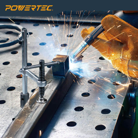 Heavy Duty Welding Clamp With T Handle, 6-1/2 Inch Opening And 3-1/4 Inch Throat Depth, used on welding table with sparking torch