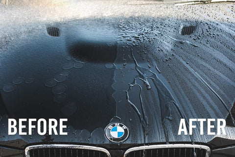 Car hood showing water beading with Bead Maker Paint Sealant For No Fuss Spray And Wipe Protection, before and after results.